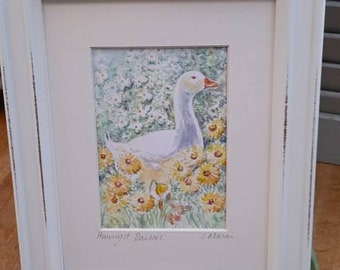 Goose amongst Yellow Daisies, an original Watercolour painting, Framed, Gift, Keepsake, Art,