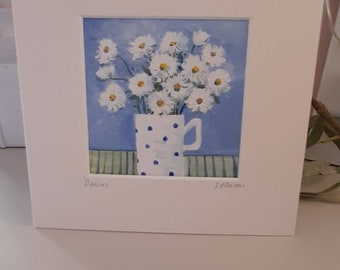 Daisies, Daisy Original oil painting, Mounted ready to frame, signed original artwork, 20cm square mount, gift, present