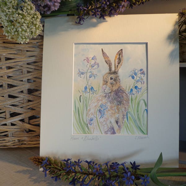 Watercolour Painting, Hare, Gift, Keepsake, Art, Hare and Bluebells, Mounted ready to frame, Signed artwork