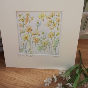 Spring Flowers, Primroses, Cowslips and Daisies Original Watercolour Painting, Flowers, Mounted ready to frame, signed original artwork