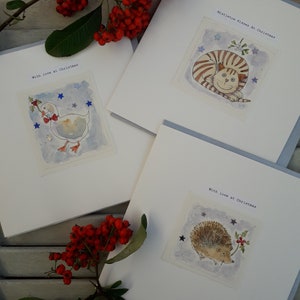 Weihnachtskarten, Weihnachtskarten, Igel, Katze und Gans, 3 handgemachte Karten
