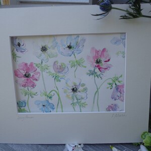 Original Watercolour Painting, Anemones, Flowers, Mounted ready to frame, signed original artwork