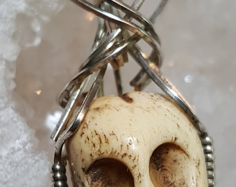 Hand Crafted Carved Bone Skull Wrapped in .925 Sterling Silver Wire
