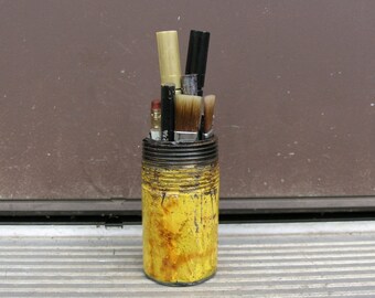 Yellow pen cup, short pencil holder, minimalist desk, upcycled pipe, home office, desktop organizer, brush holder, bathroom organizer