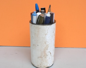 White pen holder, metal desk organizer, office accessory, upcycled pipe, salvaged steel, iron utensil holder