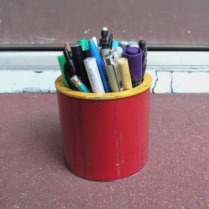 Metal pen cup, red pencil holder, industrial office, desktop organizer, salvaged steel, industrial office, coworker gift, pipe industry