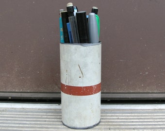 Metal pen cup, pencil holder, upcycled swingset pipe, home office desktop organizer, red orange white, horizontal stripes