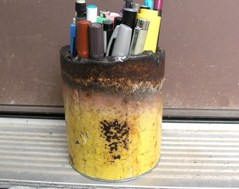 metal pen cup, yellow pencil holder, industrial design, iron desk accessory, metal organizer, salvaged steel, pipe industry