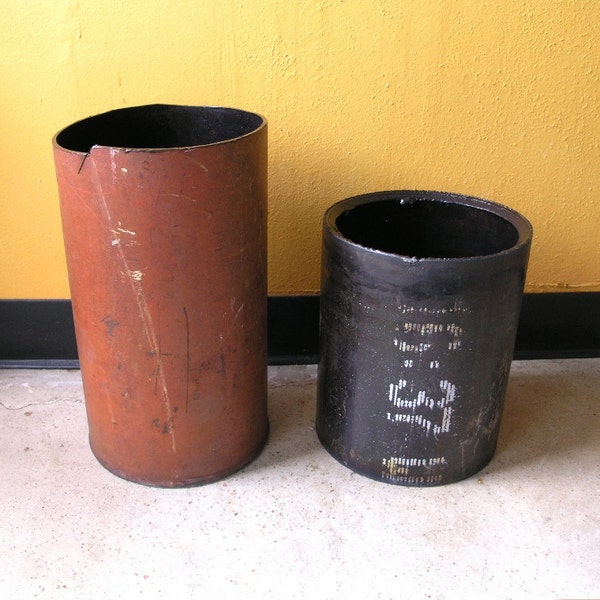 Steampunk Trash Can or planter container.  Black, white, yellow. round.  Recycled Metal