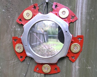 Industrial mirror, red mirror, unique metal mirror, upcycled repurposed, indoor outdoor, home office decor colorful mirror, mens gift