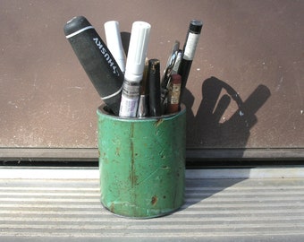 Mini pen cup, green pencil cup, metal pen holder, salvaged pipe, utensil holder, office organizer, industrial gift, work space accessory