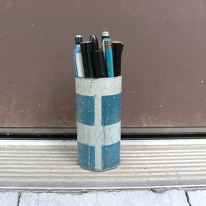 Metal pen cup, blue pen holder, pencil holder, upcycled swingset pipe, home office desktop organizer, workspace organizer, industrial design