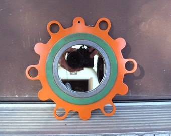 Industrial wall mirror, orange & green mirror, upcycled steel, metal mirror, colorful wall mirror, hall mirror, salvaged machinery