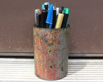 Red gray pen cup, metal pen holder, industrial office, iron desk accessory, pen organizer,utensil holder, upcycled metal, salvaged steel