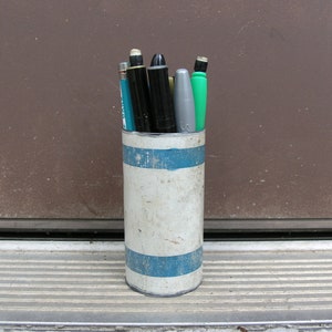 Metal pen cup, blue pen holder, pencil holder, upcycled swingset pipe, home office desktop organizer, workspace organizer, industrial design