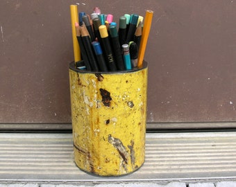 4.75" tall, Yellow pencil holder, artist brush holder, industrial utensil holder, iron organizer, office workspace, salvaged steel