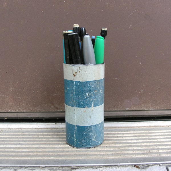 Metal pen cup, blue pen holder, pencil holder, upcycled swingset pipe, home office desktop organizer, workspace organizer, industrial design