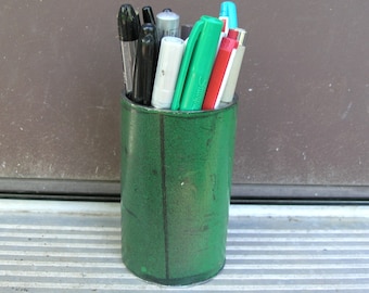 Metal pen cup, pencil cup, green pen holder, salvaged pipe, utensil holder, office organizer, industrial gift, work space accessory