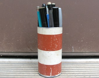 Metal pen cup, pencil holder, upcycled swingset pipe, home office desktop organizer, red orange white, horizontal stripes