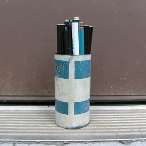 Metal pen cup, blue pen holder, pencil holder, upcycled swingset pipe, home office desktop organizer, workspace organizer, industrial design