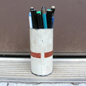 Metal pen cup, pencil holder, upcycled swingset pipe, home office desktop organizer, red orange white, horizontal stripes