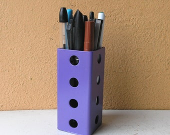 Purple pen box, metal pencil holder, workspace organizer, desk accessory, wfh desk, industrial office, square circles, makeup brush holder