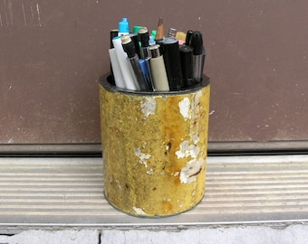 Yellow pen cup, metal pencil holder, industrial office, iron pencil holder, desk accessory, office workspace, salvaged steel