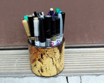 Utensil holder, short pencil cup, yellow pencil holder, brush holder, industrial desk, iron organizer, office workspace, metal pen cup