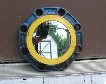 Industrial mirror, octagon mirror, blue round mirror, steampunk wall decor, industrial design, iron mirror, colorful mirror,