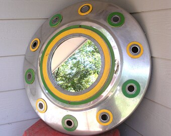Large wall mirror, industrial decor, used truck parts, trucker gift, truck lover, semi truck wheel cover, unique mirror, itruck stop decor