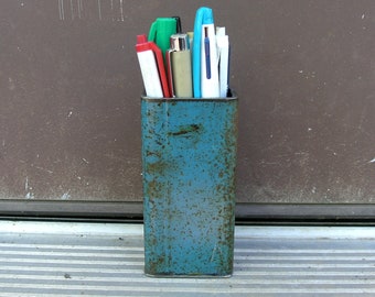 Iron pencil holder, blue  pen cup, industrial office, metal organizer, rectangle pen box, metal pen holder wfh office