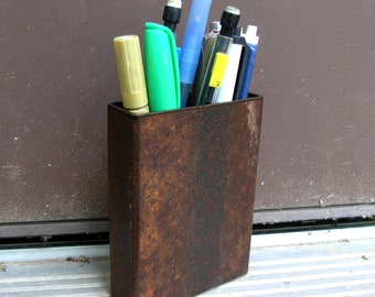 Rectangular pen cup, pencil holder, office organizer, metal pen box, office accessory, utensil holder, industrial workspace