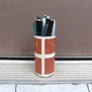 Metal pen cup, pencil holder, upcycled swingset pipe, home office desktop organizer, red orange white, horizontal stripes
