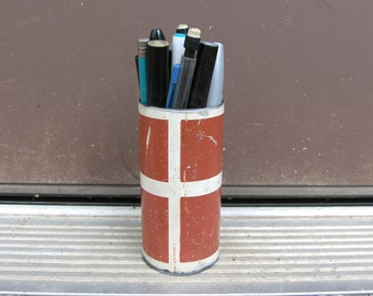 Metal pen cup, pencil holder, upcycled swingset pipe, home office desktop organizer, red orange white, horizontal stripes