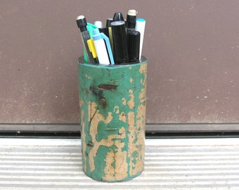 Metal pen cup, pencil cup, green & beige, pen holder, salvaged pipe, utensil holder, office organizer, industrial gift, work space accessory