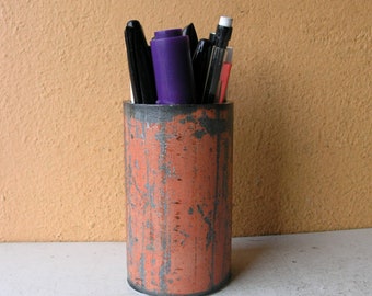 Metal pencil cup, coral pink, pen holder, iron pencil holder, desk accessory, office organizer, industrial gift, work space, salvaged steel