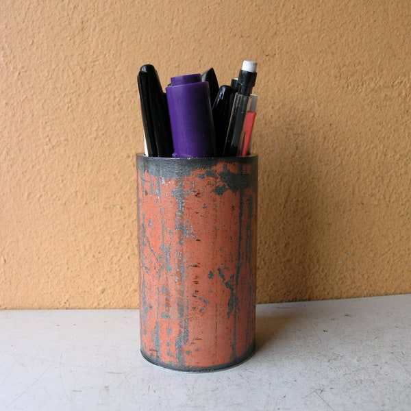 Metal pen cup, coral pink, office organizer, pencil holder, desk accessory, salvaged steel, industrial office, upcycled pipe