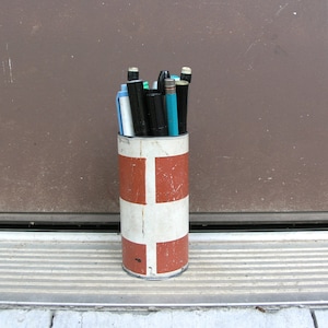 Metal pen cup, pencil holder, upcycled swingset pipe, home office desktop organizer, red orange white, horizontal stripes