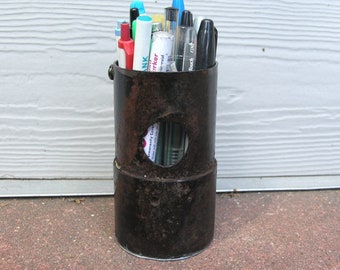 Metal pencil holder, pen holder, mens gift, recycled upcycled, pipe industry, bathroom organizer, industrial office,desk organizer