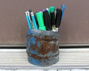 Blue pen cup, metal pen holder, industrial office, iron desk accessory, pen organizer,utensil holder, upcycled metal, salvaged steel