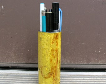 Yellow pen cup, metal pencil holder, minimalist desk, upcycled pipe, home office, desktop organizer, brush holder