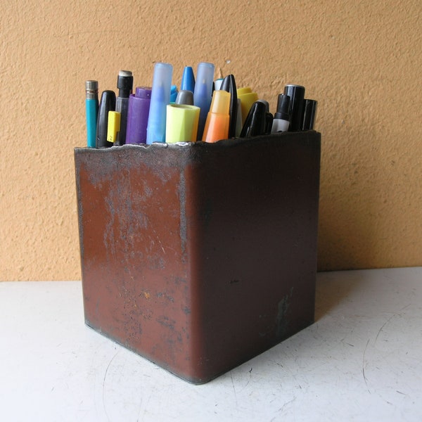 Metal pencil holder, brown pen box, large square industrial desk organizer, salvaged steel, workspace accessory