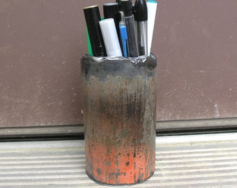 Metal pencil cup, coral pink, pen holder, office organizer, industrial gift, work space accessory