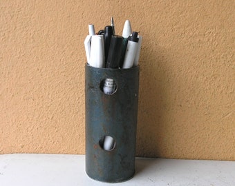 blue pen cup, metal pencil holder, upcycled pipe, home office desktop organizer
