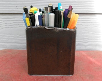 Metal pencil holder, brown pen box, large square industrial desk organizer, salvaged steel, workspace accessory