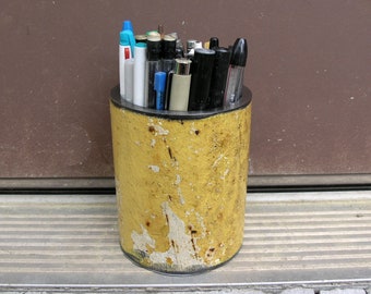 Yellow pen cup, metal pencil holder, industrial office, iron pencil holder, desk accessory, office workspace, salvaged steel