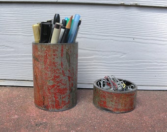 Desk set, pen cup, paperclip tray, metal pen holder, industrial office, iron desk accessory, pen organizer,utensil holders, salvaged steel