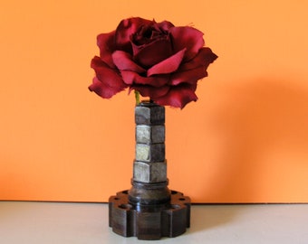 Industrial vase, metal table vase, bud vase, flower vase, shelf sitter, nightstand decor, flower holder, salvaged steel, mens gift