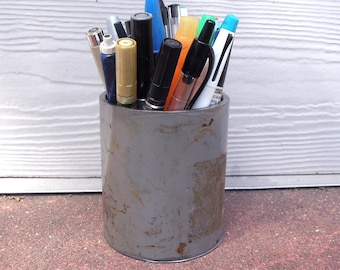 Metal pen holder, gray pencil cup, utensil holder, office desktop, desk organizer, salvaged steel, large pen holder, upcycled pipe