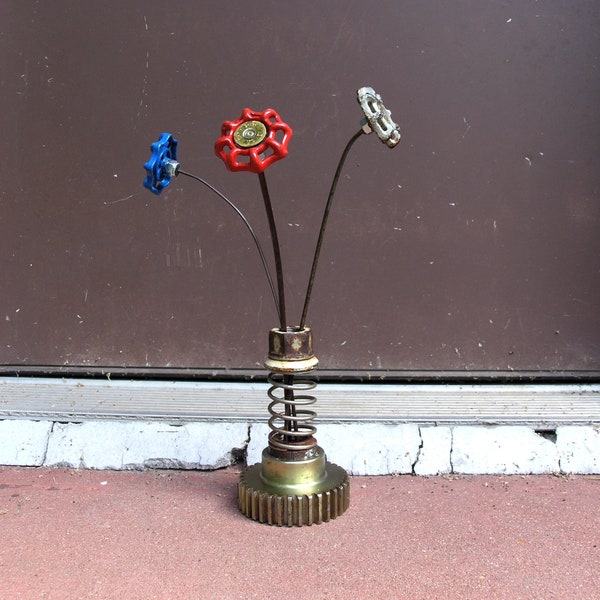 metal flower vase, modern industrial, table vase, spring decor, shelf sitter, nut coil gear, mens decor, office vase, salvaged steel